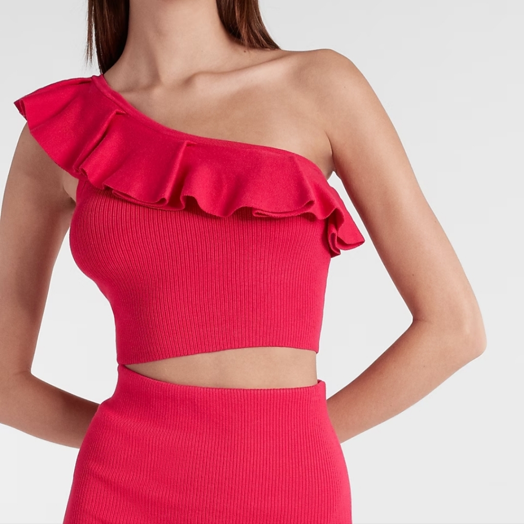 Express Body Contour Ruffle One Shoulder Cropped Sweater Tank, Hot Pink Xl